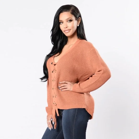 Long Sleeve Lace Up Tie Sweater - Picture 3 of 8